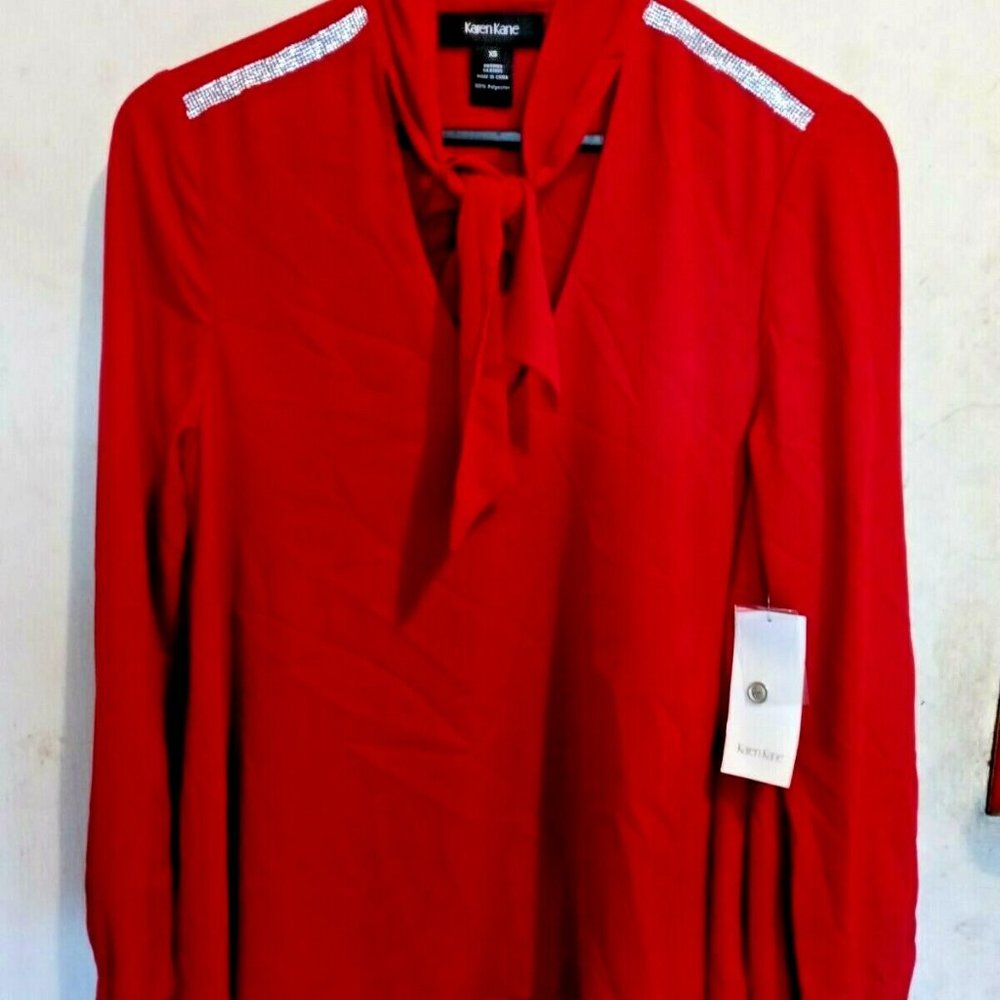 Karen Kane Women's Embellished Tie Neck Shirt Blouse Top SIZE XS
